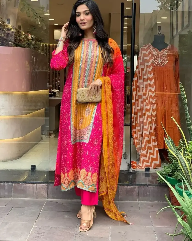 Multicoloured Bandhani Print Suit with Stone Work