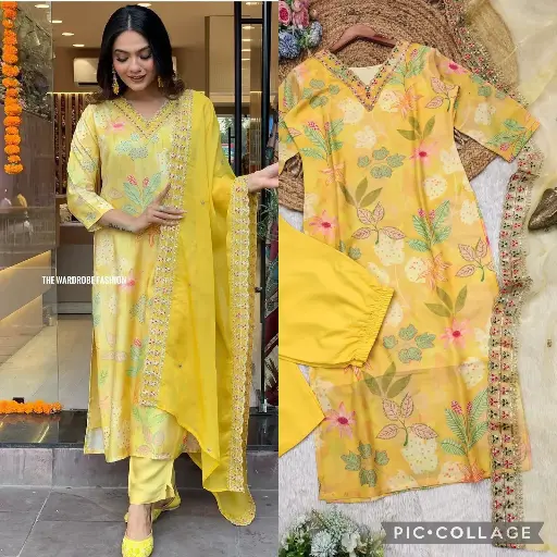 Muslin Silk digital Print with Embroidery work Kurti Pant Dupatta Set