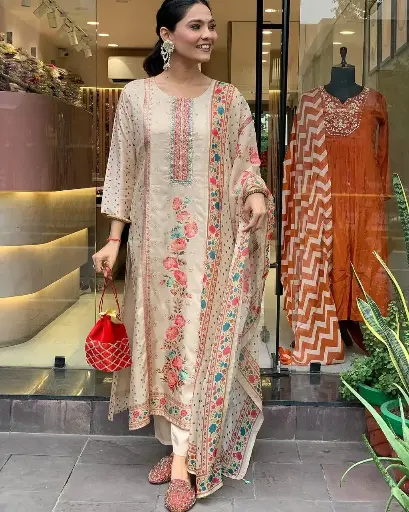 Elegant Satin Outfit with Silk Pant & Embroidered Dupatta – Multiprint & Stonework Design