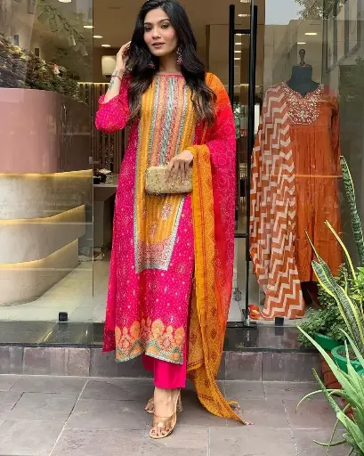 Multicoloured Bandhani Print Suit with Stone Work